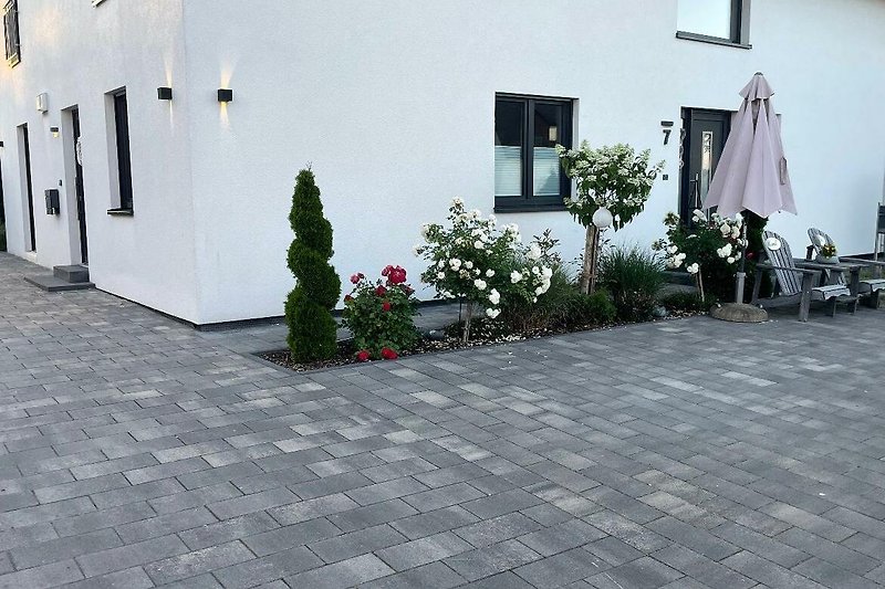 Gepflasterter Weg mit Ziegeln und Beton im Hof.