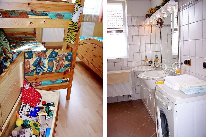 Etagenbett für die Kinder, Spielkiste, Waschmaschine, Dusche, Badewanne
