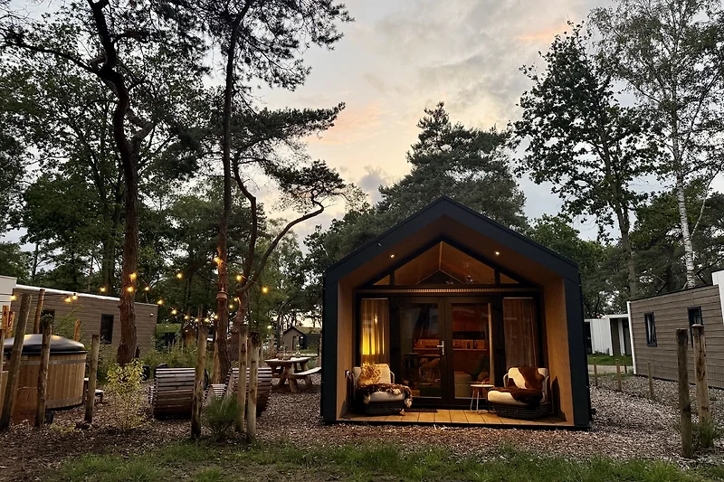 Blockhütte mit Holzverkleidung und Gartenhäuschen im Freien.