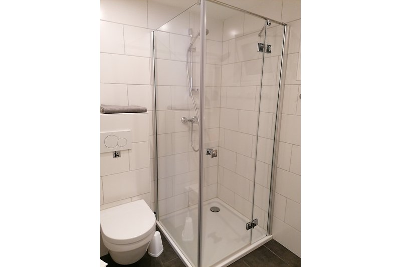 Modernes Badezimmer mit Glasdusche und Duschbrause.