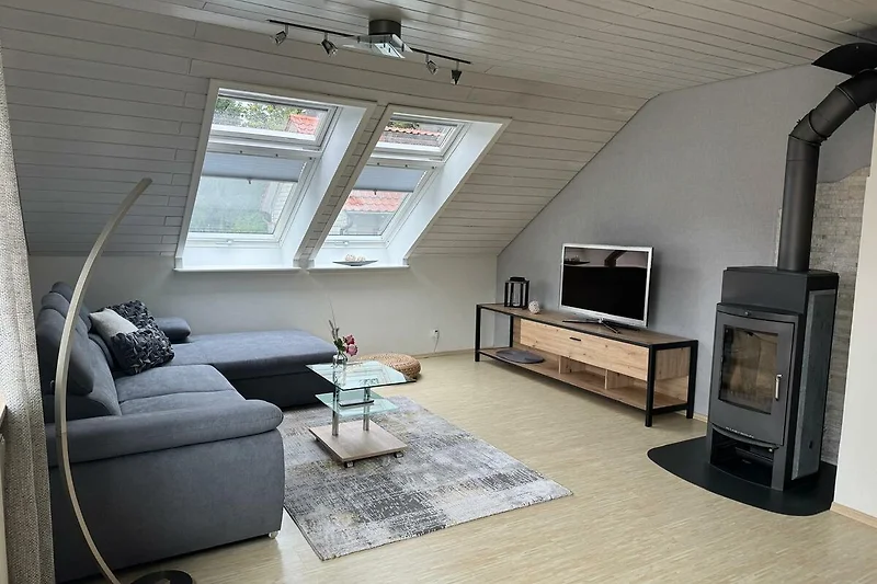 Gemütliches Wohnzimmer mit TV und Dachfenstern mit Blick ins Grüne.