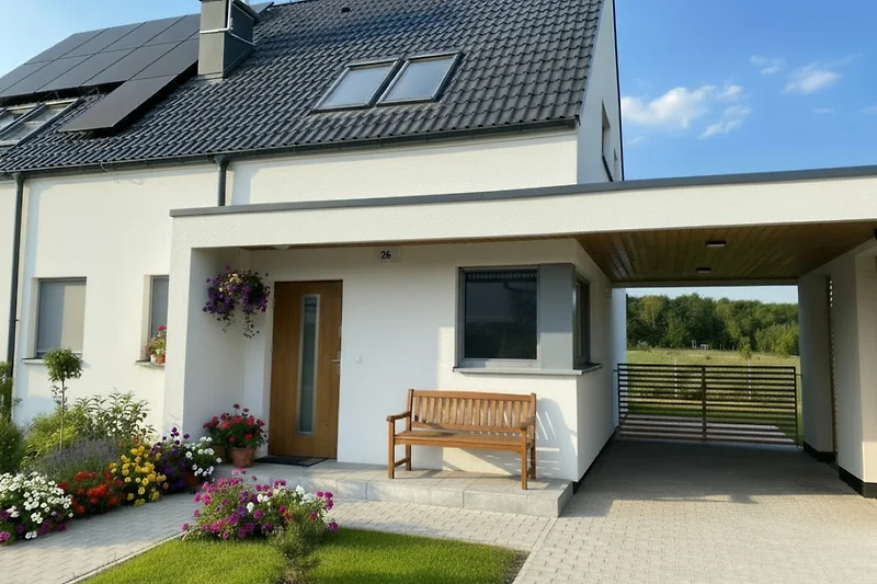 Villa mit markanter Holzfassade, Balkon und einladendem Innenhof.