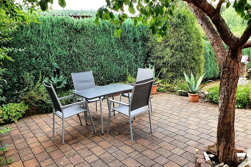 Schöner Garten mit Pflanzen, Möbeln und Tisch im Freien.