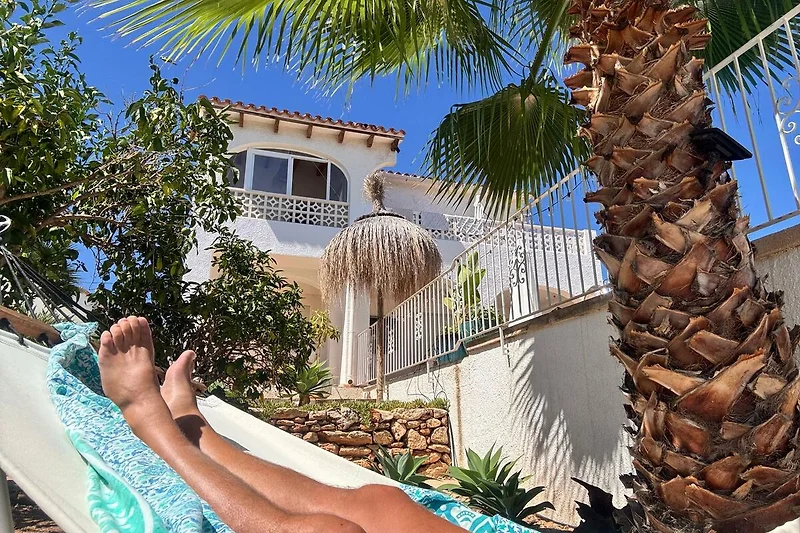 Poolspaß unter Palmen: Sonnenbaden im Bikini auf bequemen Outdoor-Möbeln.