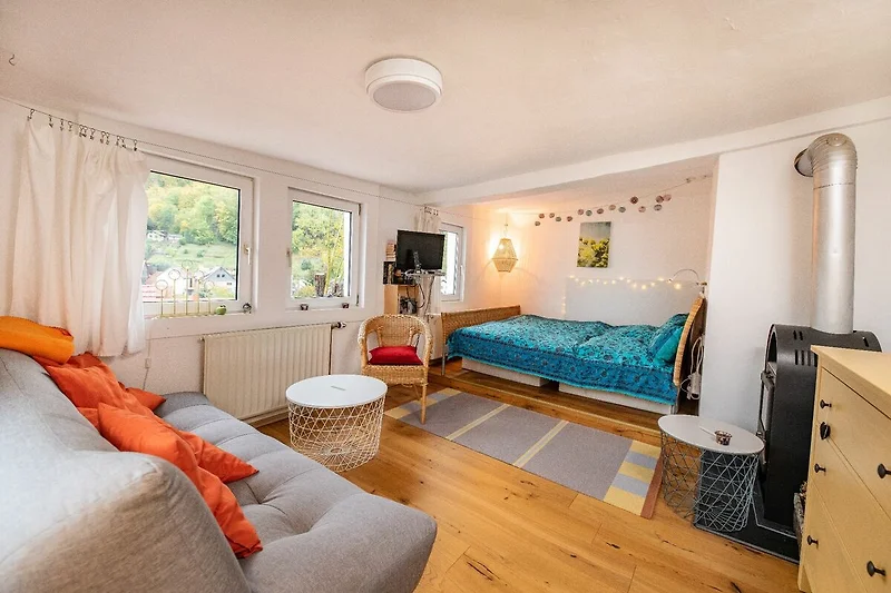 Kombiniertes Wohnschlafzimmer mit Kamin