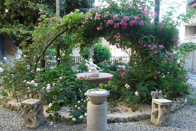 Üppige Rosen, blühende Stauden und bunte Blumenpracht im Garten.