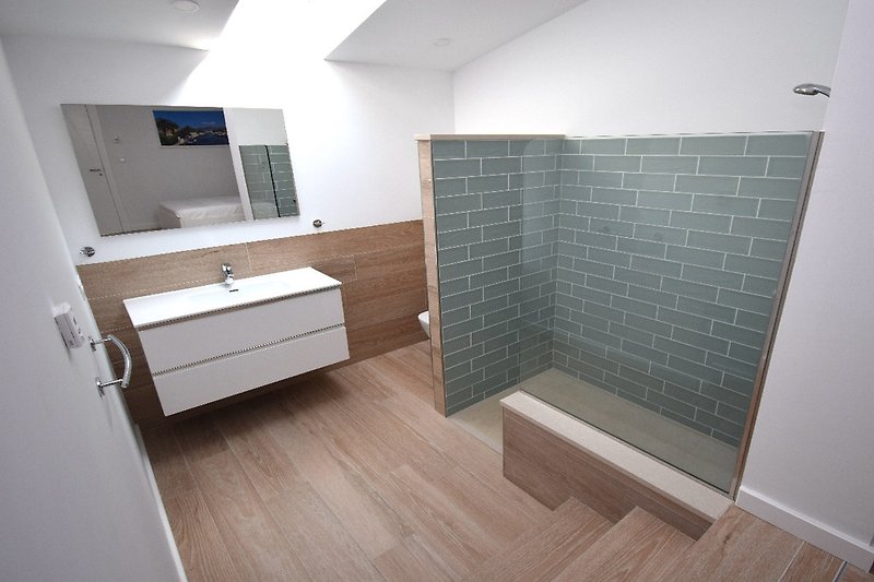offenes Badezimmer mit ebenerdiger XXL-Dusche, Waschbecken, WC und Dachfenster.