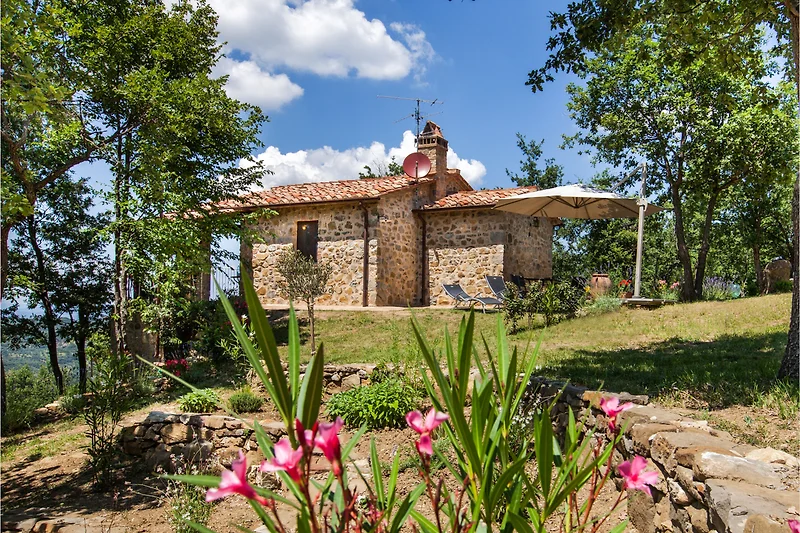Weitblick auf Dorf, Bauernhof und Felder in ruhiger Umgebung.