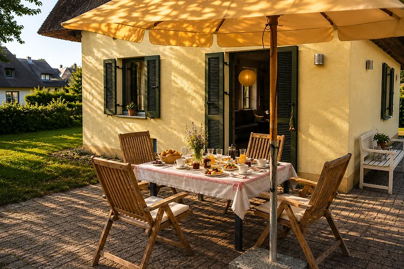 Terrasse mit Holztisch und schattigem Platz im Freien.