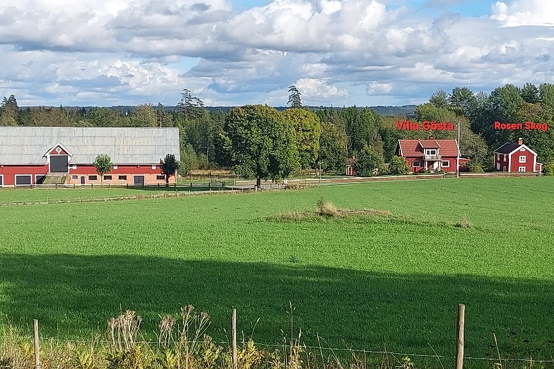 Ferienhaus in Schweden mit großem Garten, Blick auf Felder, Wald und Wiesen.