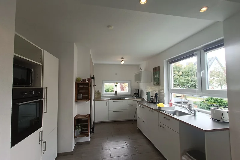 Offene Designküche mit hochwertigen Geräten, Holzdetails und Pflanzen.