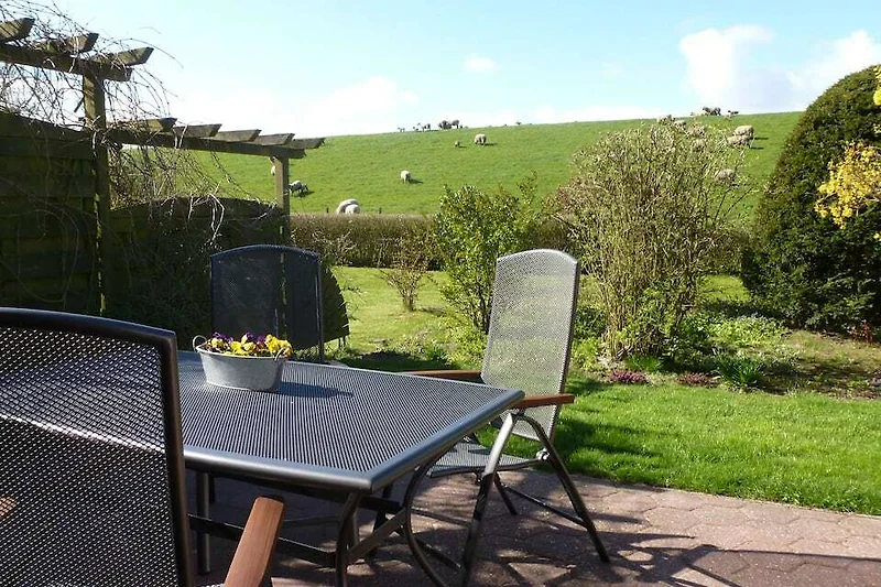 „Die sonnige Südtterrasse mit Pergolamarkise und Gartenmöbeln bietet herrlichen Blick auf den Deich"