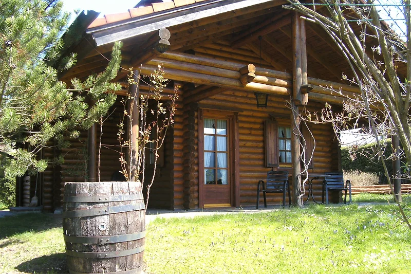 Blockhütte aus Holz mit schattigem Gartenbereich.