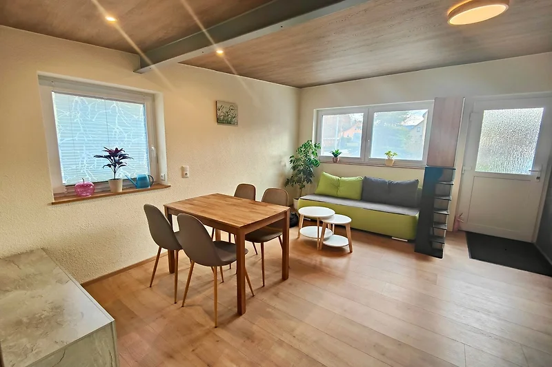 Großzügiger Wohnbereich mit Esstisch, Couch, Pflanzen und Tageslicht.