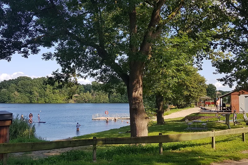 Erholen Sie sich am Wasser. Bank und Picknicktisch im Grünen!