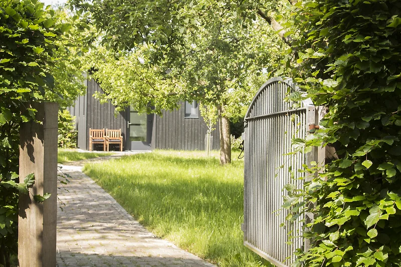 Grüner Garten mit schattigem Weg, gepflegtem Rasen und Gartenhaus.