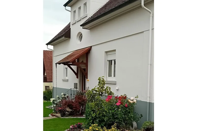 Balkon mit roten Geranien und grünen Pflanzen im Regen.