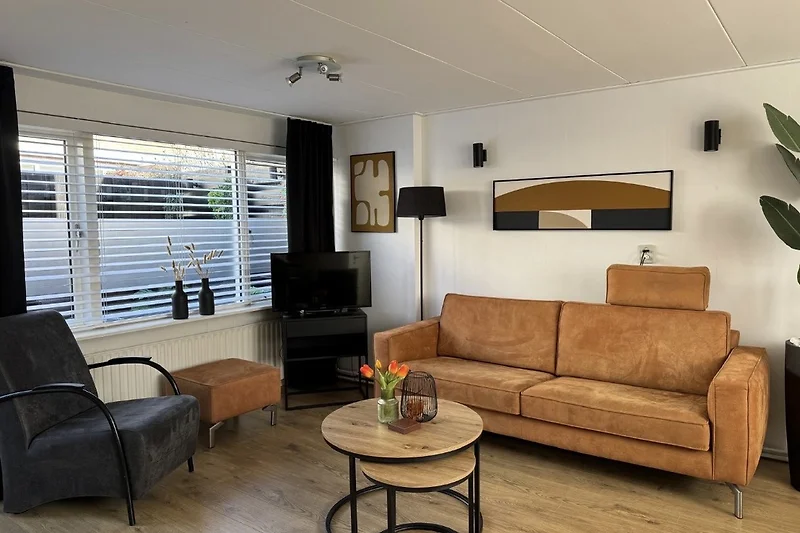 Wohnzimmer mit Holzdecke und klarer Einrichtung