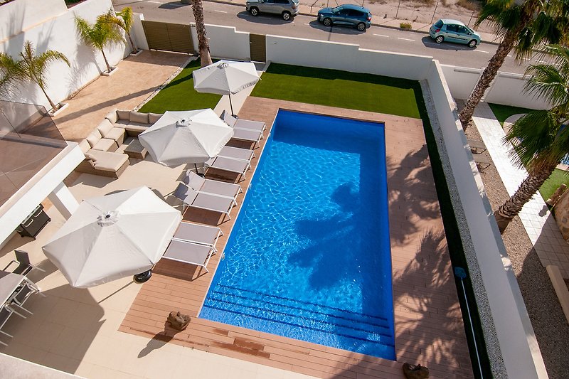 Schwimmbad mit Sonnenliegen und Palmen in einem Resort.