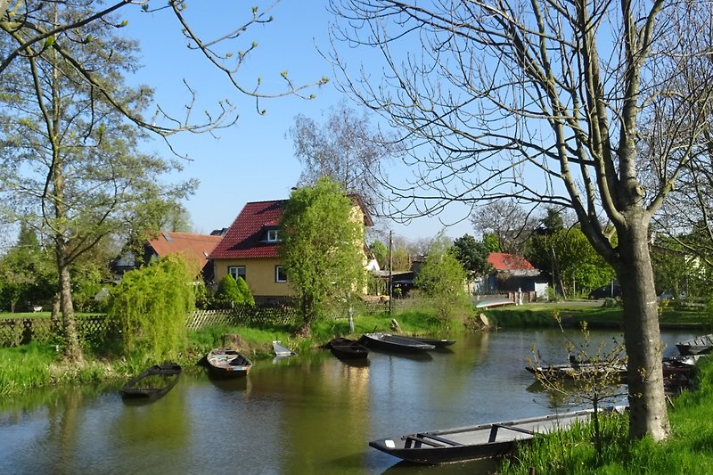 Ruhiges Haus am See mit grüner Landschaft.