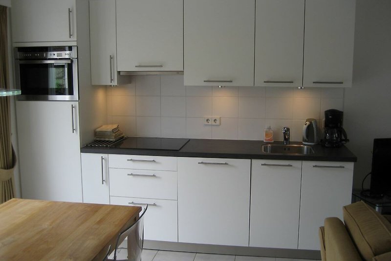 Moderne Küche mit Kühlschrank mit Gefrierfach, Mikrowelle, Induktionskochfeld, Dunstabzugshaube und Geschirrspüler.