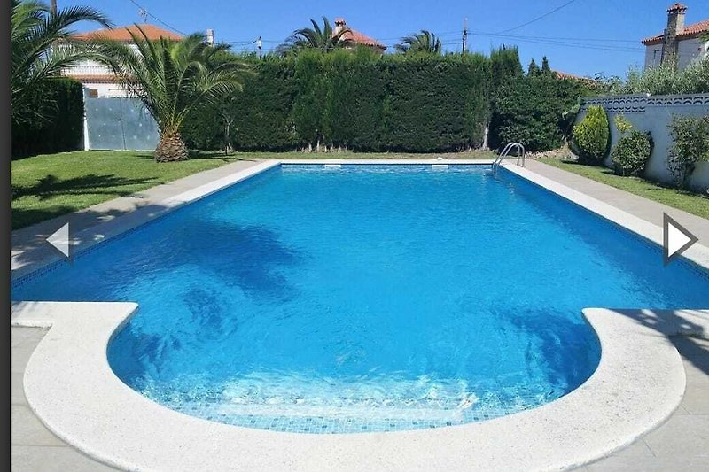 Luxuriöser Pool mit Palmen und blauem Himmel.