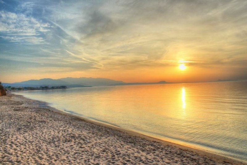 Traumhafter Sonnenuntergang am Strand mit Palmen und ruhigem Meer.