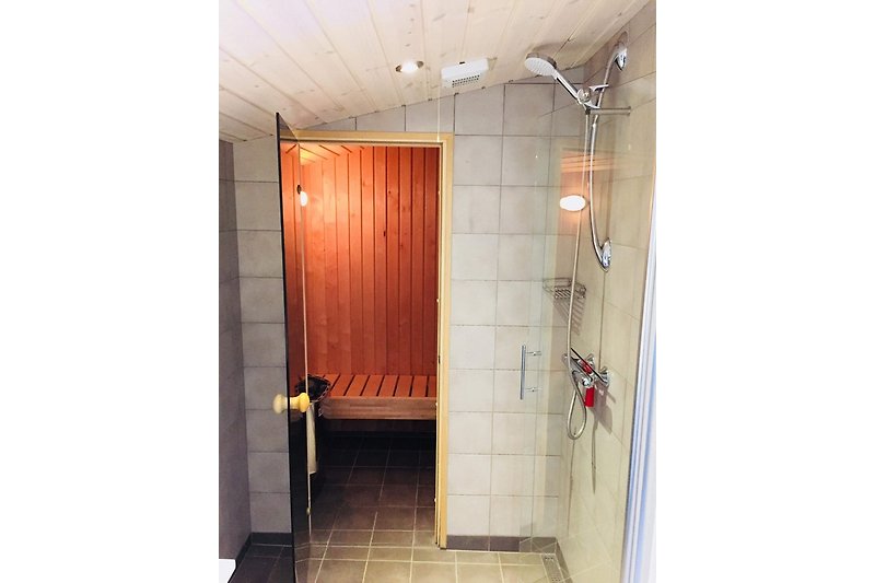 Badezimmer, mit Dusche und Eingang zur Sauna