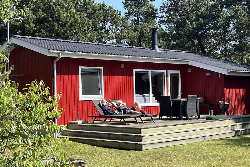 Cottage mit Gartenmöbeln und gepflegtem Rasen im Hinterhof.