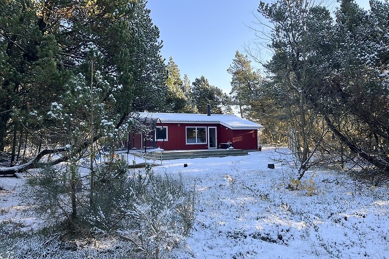 Winterliches Bild eines Hauses mit verschneitem Dach und malerischer Landschaft.