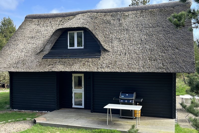 Rustikales Haus mit thatched Dach, Fenstern und grünem Garten.