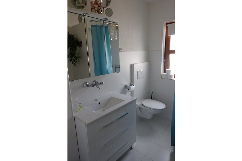 Bathroom with all sanitary facilities and shower.