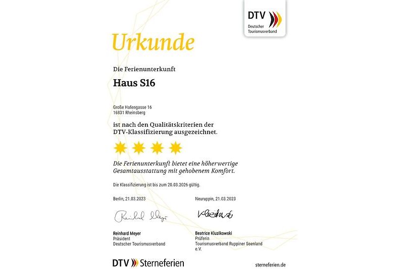 Mit 4 Sterne Klassifizierung vom Deutschen Tourismusverband (DTV)