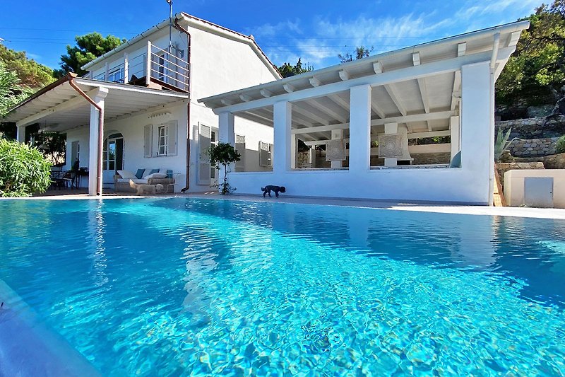 Schönes Ferienhaus mit Pool, umgeben von Natur und blauem Himmel. Entspannung pur!