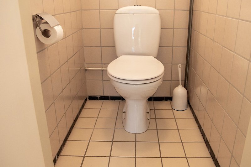 Schönes Badezimmer mit lila Toilette, Keramikfliesen und Toilettenzubehör.