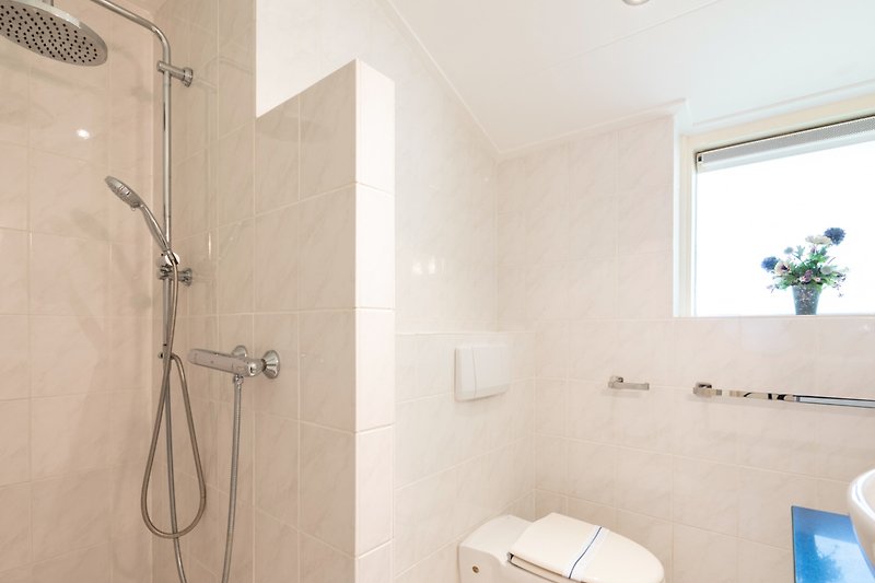 Een moderne badkamer met een stijlvolle douche en glazen wanden.