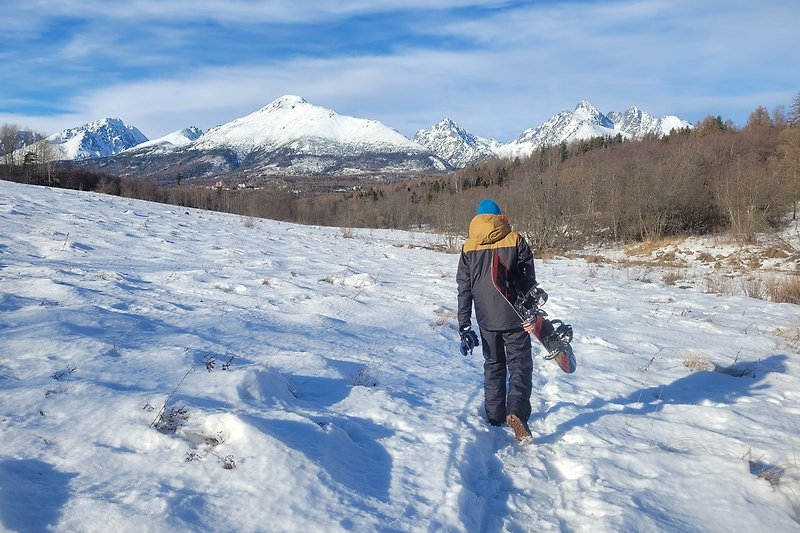 Genießen Sie den Winter in den Bergen mit Skifahren, Schnee und atemberaubender Landschaft.