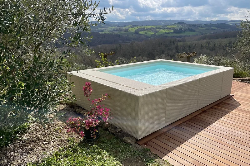Schwimmbad, Jacuzzi, Gartenmöbel, Sonnenschirm, Blumen, Naturlandschaft.