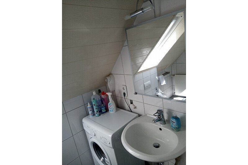 Ein modernes Badezimmer mit Spiegelschrank, Fön und Grohe Armaturen.