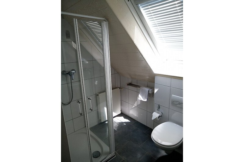 Moderne Badezimmerausstattung mit Glasdusche, Fliesenboden und Grohe Armaturen.