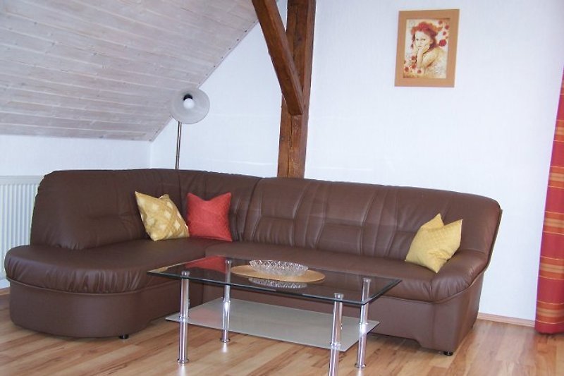 The leather sofa in the living area