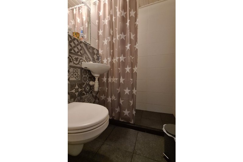 Gemütliches Badezimmer mit lila Vorhang, Holzboden und Keramikwaschbecken.