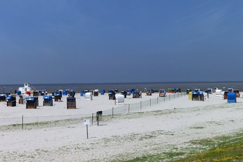 Der Strand, Sie können Strandkörbe mieten oder einfach ihr Handtuch ausbreiten. Für unsere Gäste haben wir eine Strandmuschel in der Fewo.