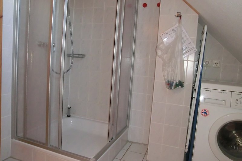 Dusche, Innenmaß 100x100 cm (!), daneben die Waschmaschine