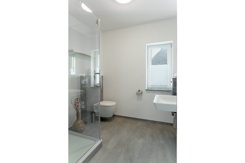 Modernes Badezimmer mit Dusche, WC und Fenster.