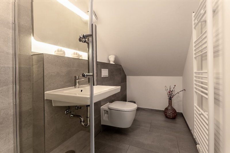 Modernes Badezimmer mit Dusche und Spiegel.