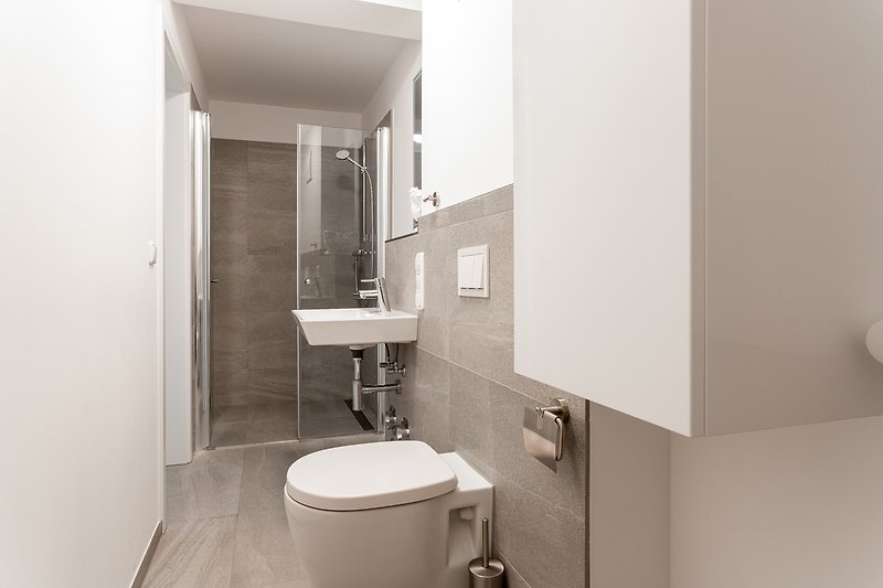 Modernes Badezimmer mit elegantem Waschbecken, Dusche und WC.