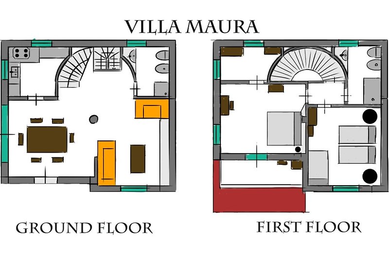Der Grundriss der Villa Maura: Erdgeschoss und erster Stock