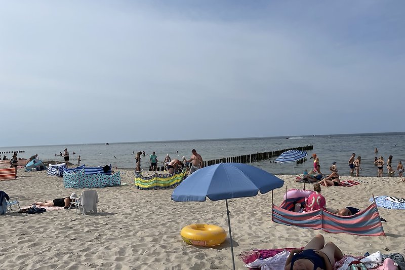 Strandurlaub mit Menschen, Sonnenschirmen und blauem Ozean.