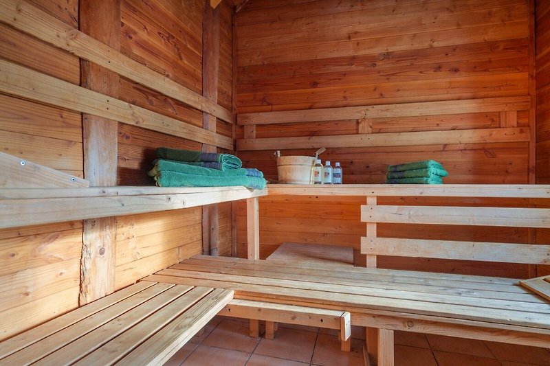Schöne Holzverkleidung und gemütliche Sauna in einem Holzhaus.